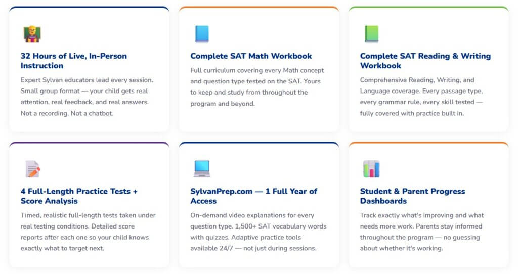 Everything your child needs is included from day one. No upsells. No add-ons. No surprises. 👨‍🏫 32 Hours of Live, In-Person Instruction Expert Sylvan educators lead every session in a small group setting. Your child gets real attention, real feedback, and real answers — not a recording or a chatbot. 📘 Complete SAT Math Workbook Full curriculum covering every Math concept and question type on the SAT. Theirs to keep and study from throughout the program and beyond. 📗 Complete SAT Reading & Writing Workbook Comprehensive Reading, Writing, and Language coverage. Every passage type, grammar rule, and skill tested on the SAT — fully covered with practice built in. 📝 4 Full-Length Practice Tests + Score Analysis Timed, full-length tests taken under real testing conditions. Detailed score reports after each one so your child knows exactly what to target next. 💻 SylvanPrep.com — 1 Full Year of Access On-demand video explanations for every question type. 1,500+ SAT vocabulary words with quizzes. Adaptive practice tools available 24/7 — not just during sessions. 📊 Student & Parent Progress Dashboards Track exactly what's improving and what needs more work. Parents stay informed throughout the entire program.